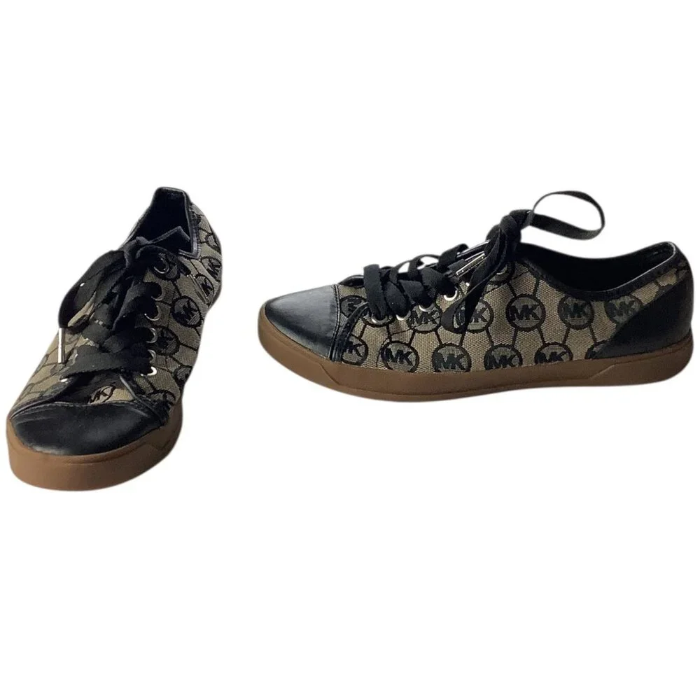 Michael Kors Womens MK Logo Monogram City Sneakers Sz 8M Black & Tan Rubber Sole